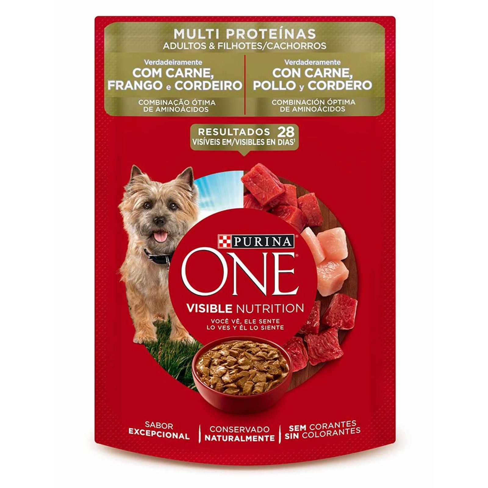 Alimento húmedo para perros Purina One Adultos y Cachorros carne pollo y cordero